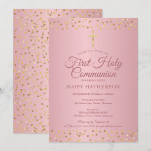 Erste Heilige Kommunion Moderne Rose Gold Herzen Einladung