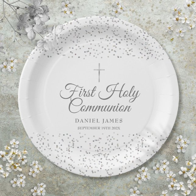 Erste heilige Kommunion Moderne Silberenstardust Pappteller (First Holy Communion Modern Silver Stardust Paper Plates)