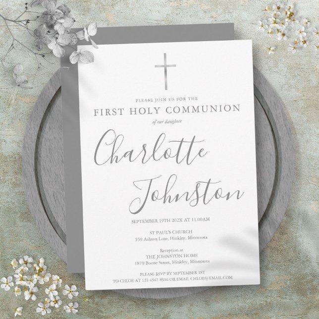 Erste heilige Kommunion Moderne Silbersignatur Einladung (First Holy Communion Modern Silver Signature Invitation)