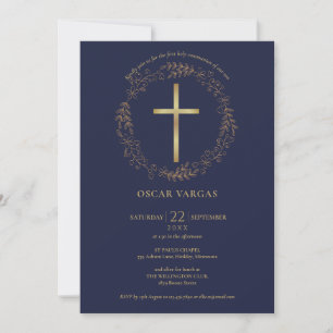 Erste heilige Kommunion Navy Blau Gold Kreuz Blume Einladung