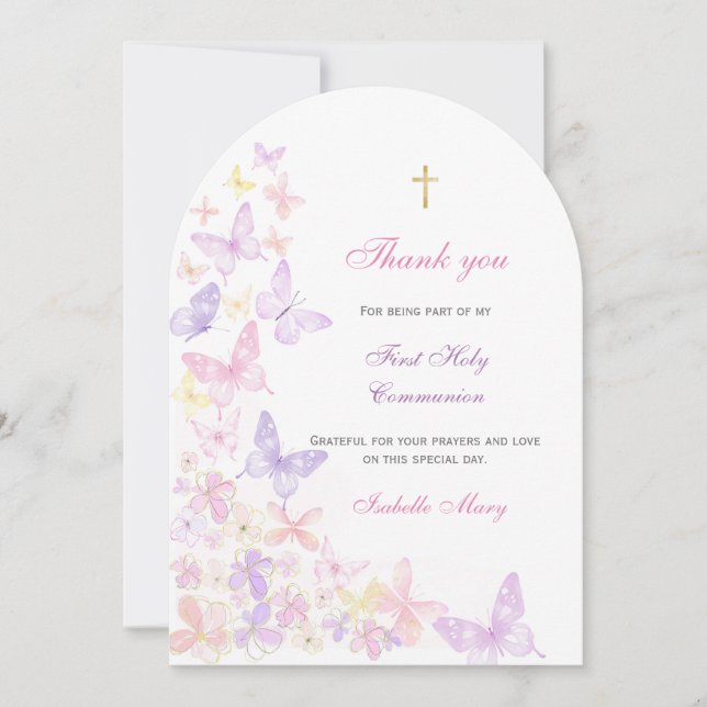 Erste heilige Kommunion Pink Butterfly Danke Einladung (Vorderseite)