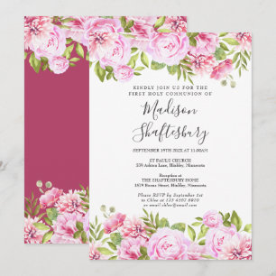 Erste heilige Kommunion Pinke Rosen Floral Einladung