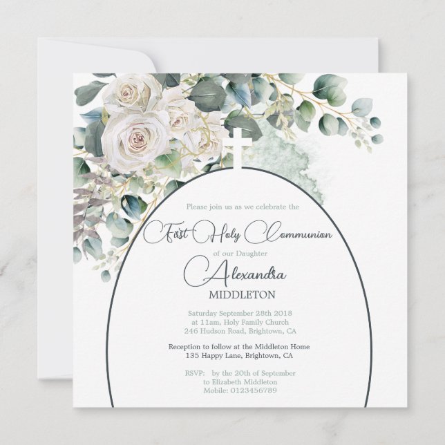 Erste Heilige Kommunion Religiöse Rose Grünes Kreu (Rückseite)