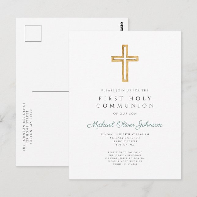 Erste heilige Kommunion religiöser grüner Junge Postkarte (Vorne/Hinten)