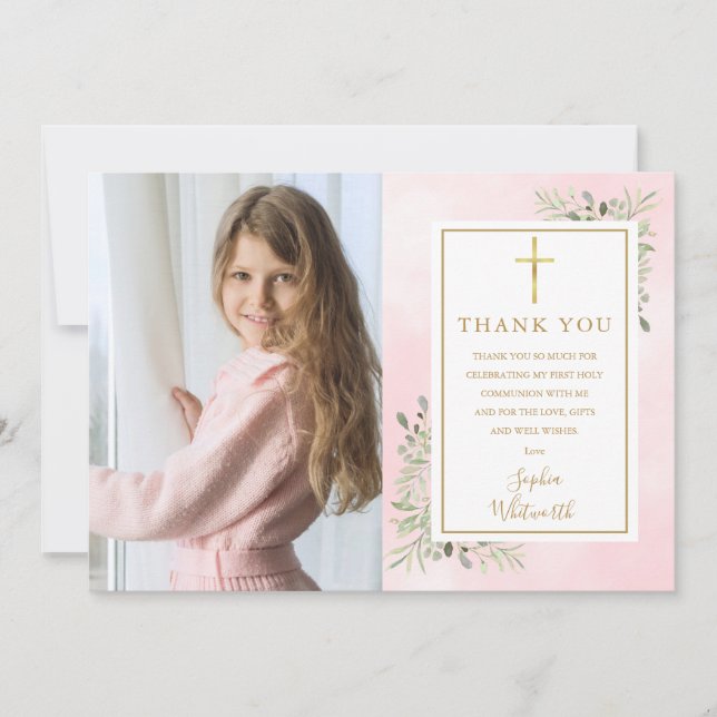 Erste Heilige Kommunion Rosa Grüne Foto Dankeskarte (Vorderseite)