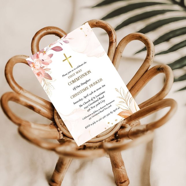Erste heilige Kommunion rosa Wasserfarbenprägung e Einladung (Von Creator hochgeladen)