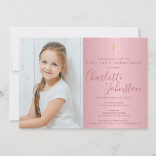Erste heilige Kommunion Rose Gold Schrift Foto Einladung