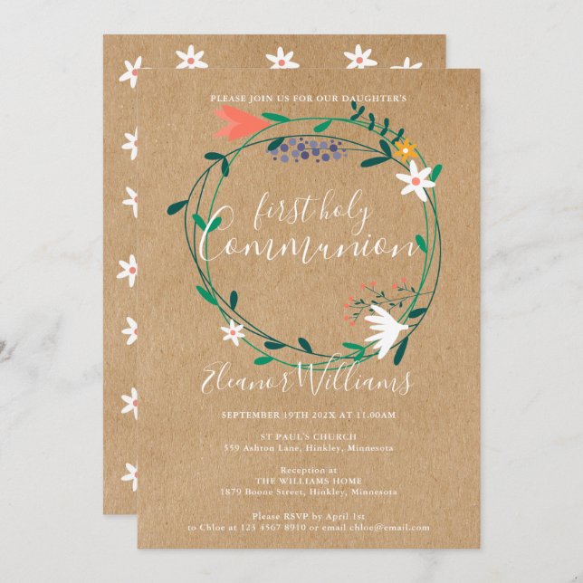 Erste Heilige Kommunion Rustikale Moderne Blüte Einladung (Vorne/Hinten)