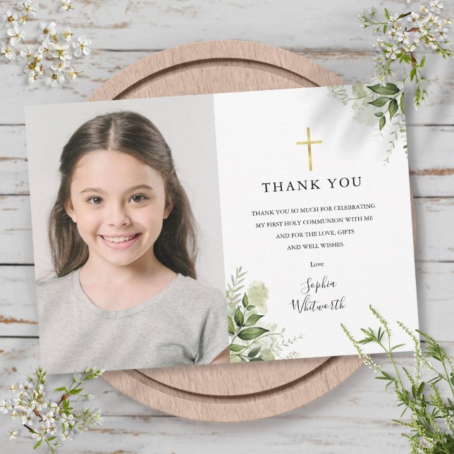 Erste Heilige Kommunion Rustikales Foto Dankeskarte (First Holy Communion Rustic Greenery Photo Thank You Card)