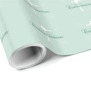 Erste Heilige Kommunion, Schrift in sanftem Grün Geschenkpapier