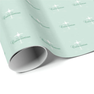 Erste heilige Kommunion, Schrift in sanftem Grün Geschenkpapier