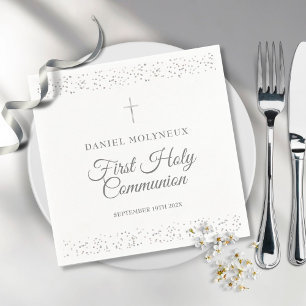 Erste heilige Kommunion Silber Stardust Kreuz Serviette