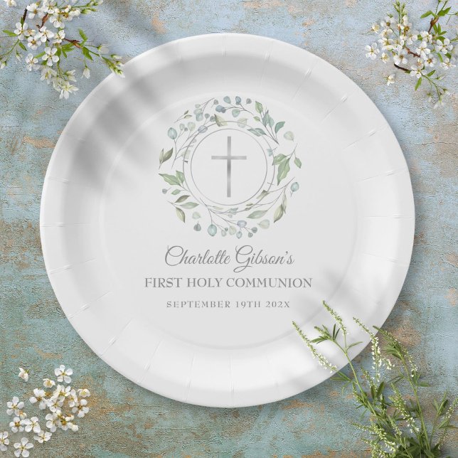 Erste Heilige Kommunion Silberkreuz Grüne Pappteller (First Holy Communion Silver Cross Greenery Paper Plates)