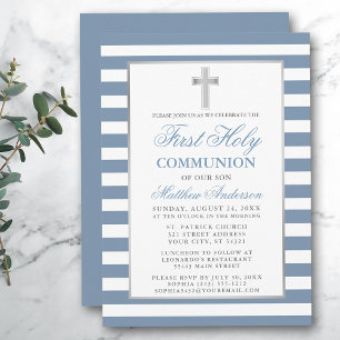 Erste heilige Kommunion Silver Dusty Blue Striped Einladung