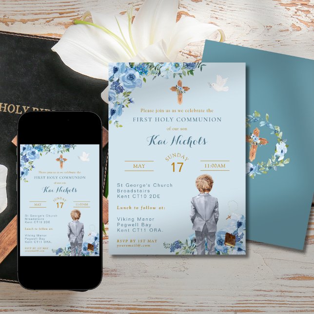 Erste heilige Kommunion Taufe Blonde Boy Dusky Blu Einladung (Von Creator hochgeladen)