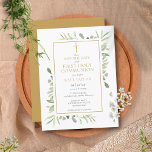 Erste Heilige Kommunion Wasserfarbenwelt Rette Ankündigungspostkarte<br><div class="desc">Mit zarten Aquarellfarben und einem eleganten Goldkruzifix ist diese genderneutrale First-Holy-Kommunion-Save the Date-Einladung mit Ihren speziellen Informationen personalisiert,  mit einem goldenen Hintergrund auf der Rückseite. Entwickelt von Thisisnotme©</div>