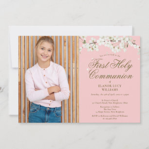 Erste heilige Kommunion Weißblüten-Rosa Foto Einladung