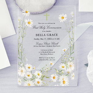 Erste Heilige Kommunion Weiße Daisy Floral Acryleinladungen