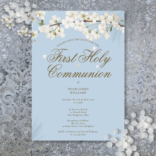 Erste heilige Kommunion Weißer Blossom Blumenblau Save The Date (First Holy Communion White Blossom Floral Blue Save The Date)