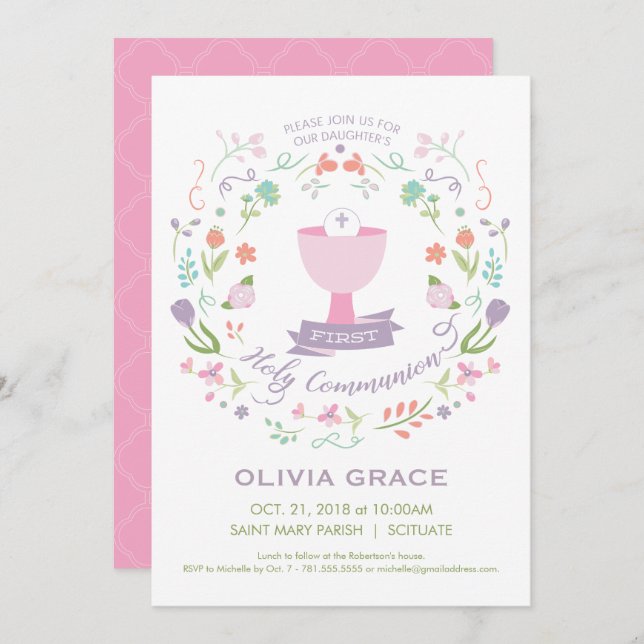 Erste heilige Kommunions-Einladung, Mädchen laden Einladung (Vorne/Hinten)