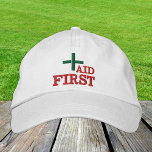 Erste Hilfe bestickt Baseballkappe grün/weiß Bestickte Baseballkappe<br><div class="desc">Bestickte Hats: Klassische Baseballkappe mit dem Text "ERSTE HILFE" für Erste-Hilfe-Mitarbeiter,  Veranstaltungsorganisatoren,  medizinisches Personal</div>