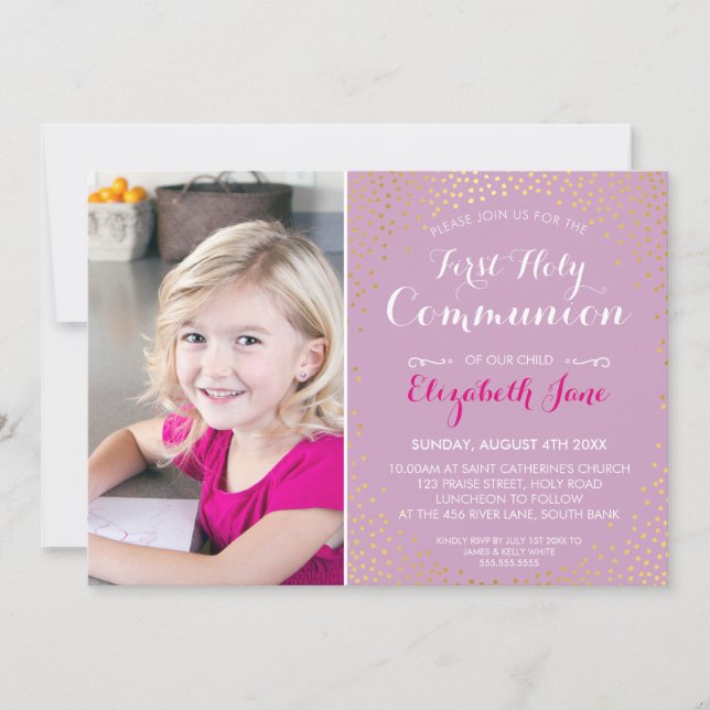 ERSTE HOLY COMMUNION Mini-Goldfass lila Einladung (Vorderseite)