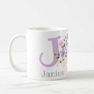 Erste Initiale Plus Name Janine mit Blumen Kaffeetasse