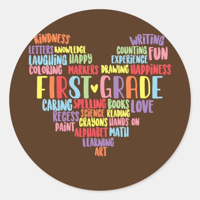 Erste Klasse Lehrer Worte Herz Runder Aufkleber (Vorderseite)