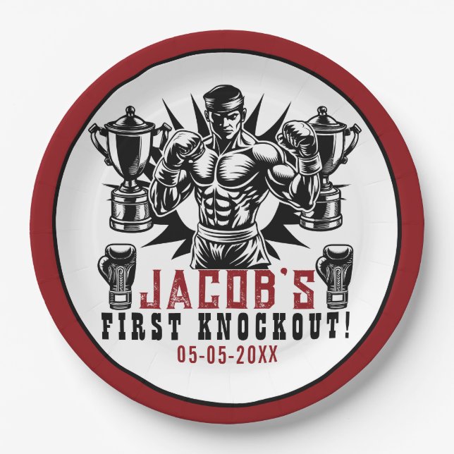 Erste Knock-out-Boxing-Geburtstagsparty Pappteller (Vorderseite)