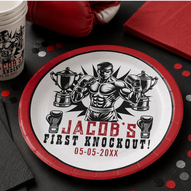 Erste Knock-out-Boxing-Geburtstagsparty Pappteller (First Knockout Boxing Birthday Party Paper Plates)