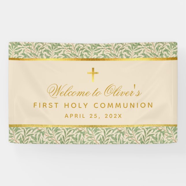 Erste Kommune Begrüßungsfoliage Gold Green Blätter Banner (Horizontal)