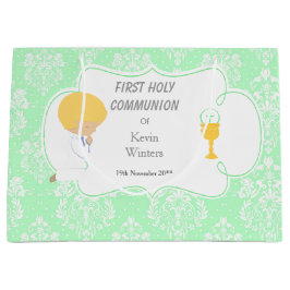Erste Kommune Blonde Boy Green Damask Große Geschenktüte