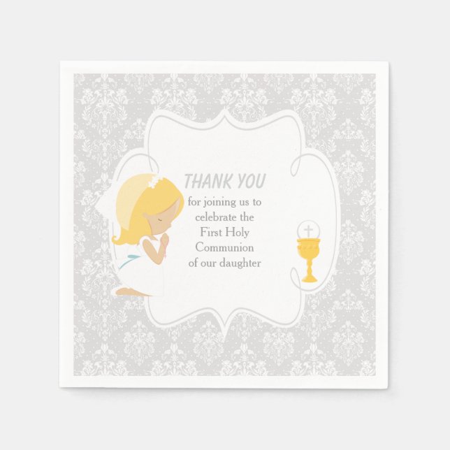 Erste Kommune Blonde Girl Silver Damask Serviette (Vorderseite)