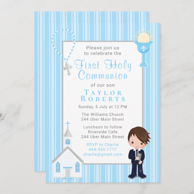 Erste Kommune Blue Stripes Brown Haare Boy Invita Einladung (Vorne/Hinten)