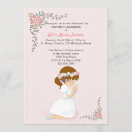 Erste Kommune Brünett Girl Pink Einladung