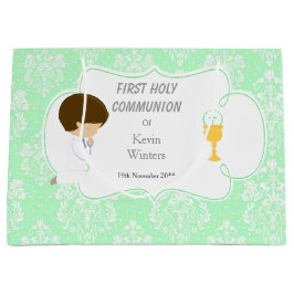 Erste Kommune Brünetter Junge Green Damask Große Geschenktüte