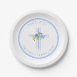Erste Kommune Cross Blue Rose Mit Monogramm Name Pappteller