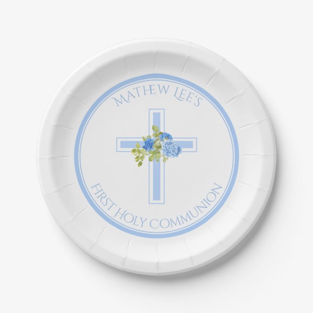 Erste Kommune Cross Blue Rose Mit Monogramm Name Pappteller (Vorderseite)