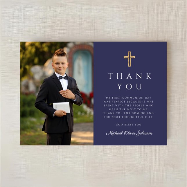 Erste Kommune des Blue Cross Boy Foto Dankeskarte (Navy Blue Cross Boy Photo First Communion Thank You Card)