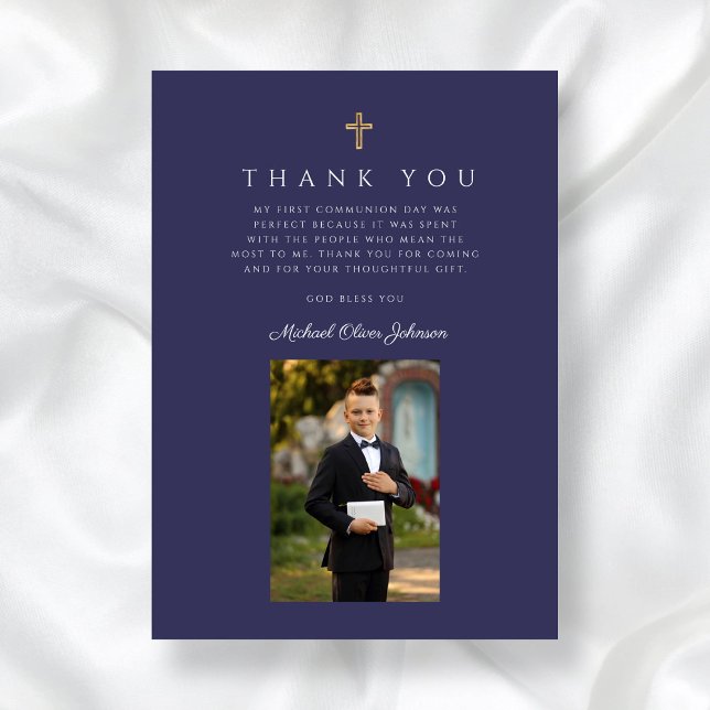 Erste Kommune des Blue Cross Boy Foto Dankeskarte (Navy Blue Cross Boy Photo First Communion Thank You Card)