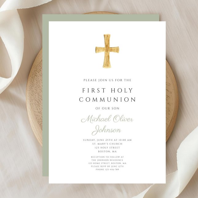 Erste Kommune des modernen Heiligen Grünkreuzes Einladung (Modern Sage Green Cross First Communion Invitation )
