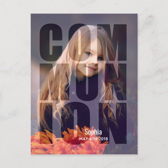 Erste Kommune Fett Foto Overlay Typografie Einladungspostkarte (Vorderseite)