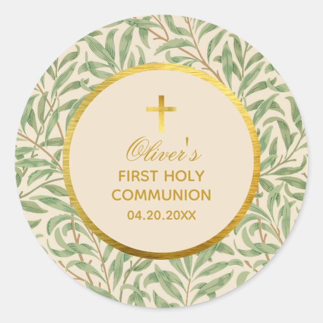 Erste Kommune Grüne Blätter Morris Imitate Gold Fo Runder Aufkleber (Vorderseite)