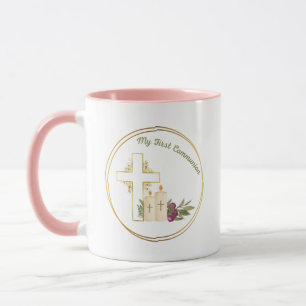 Erste Kommune Kaffee Tasse, weiß und rosa Tasse