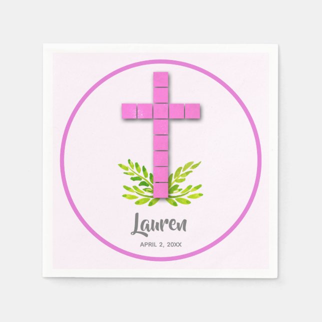 Erste Kommune Kreuz auf Rosa Serviette (Vorderseite)