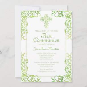 Erste Kommune Kreuz Green Damask Christlich Junge Einladung