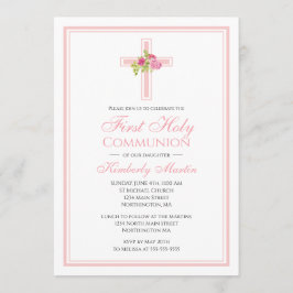 Erste Kommune Kreuz mit rosa Rosen Christlich Einladung
