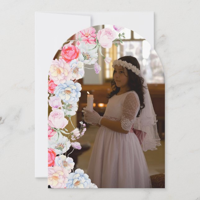 Erste Kommune mit Blumenbogen Danke Karte (Vorderseite)