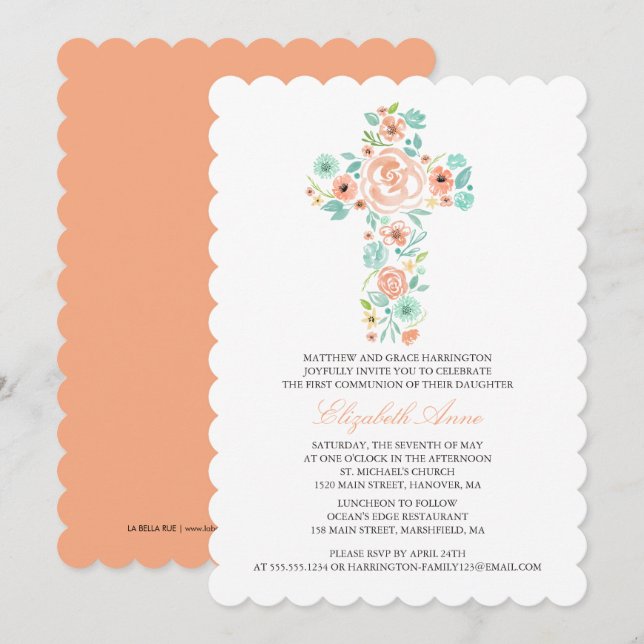 Erste Kommune Peach Wasserfarbe Blumenkreuz Einladung (Vorne/Hinten)