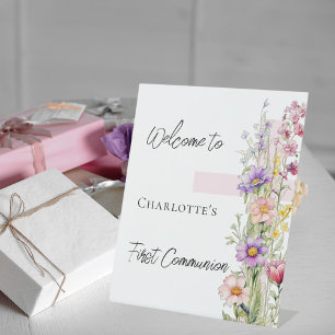 Erste Kommune Rosa Blumenmuster Kreuz Begrüßungsze Sockelschild